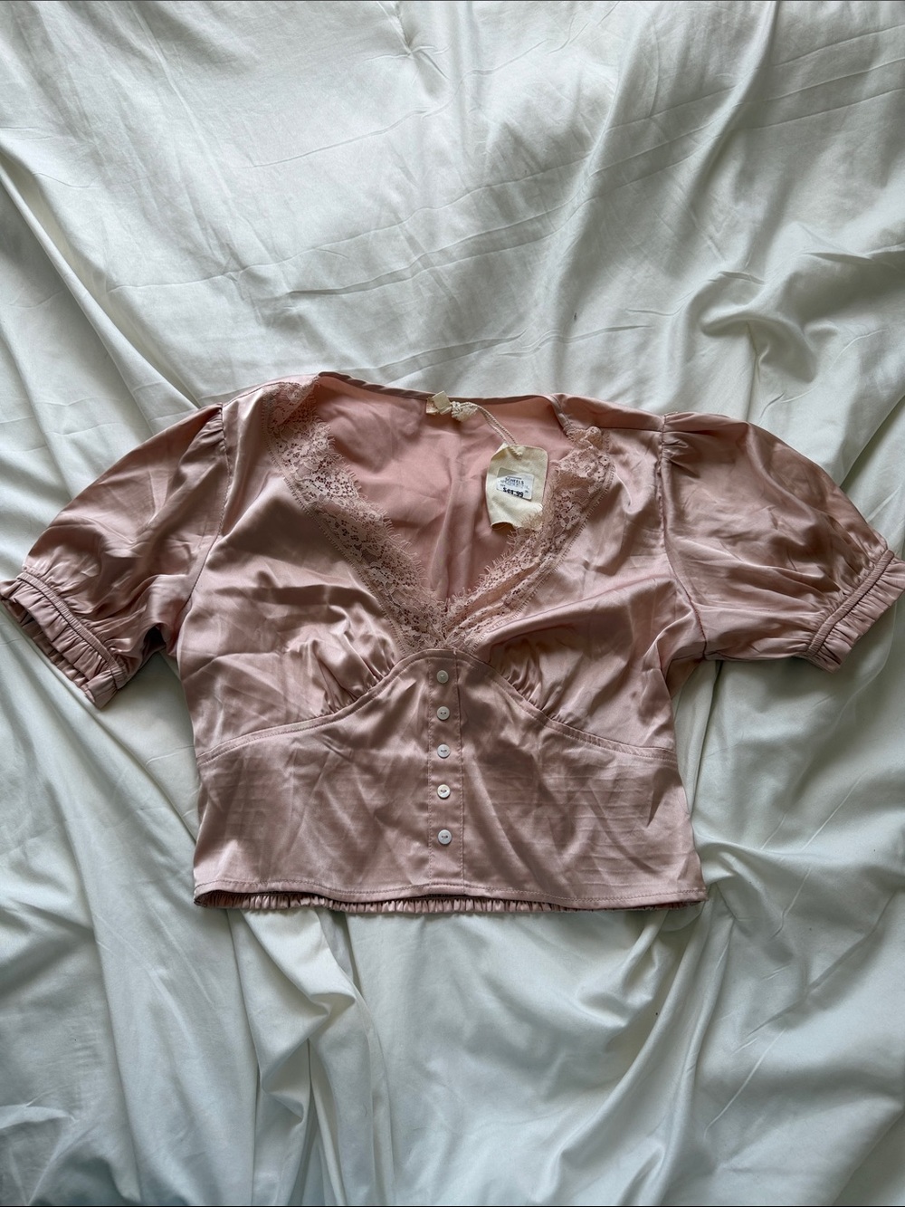 Hem & Thread Blush Pink Lace-Trim Button Front Crop Blouse